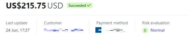 Payment record with the customer details redacted