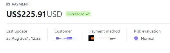 Payment record with the customer details redacted