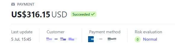 Payment record with the customer details redacted