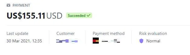 Payment record with the customer details redacted
