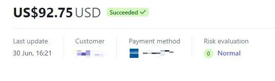 Payment record with the customer details redacted