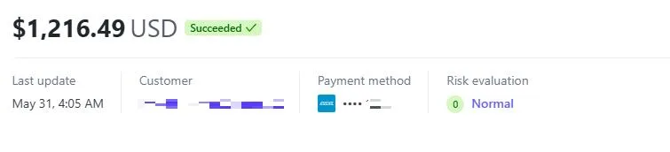 Payment record with the customer details redacted