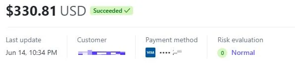 Payment record with the customer details redacted