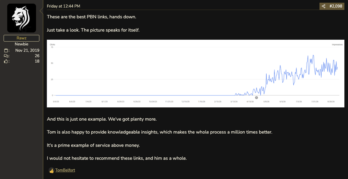 BlackHatWorld review: These are the best PBN links, hands down. Just take a look. The picture speaks for itself. Search Console clicks chart rising from zero to 50 plus. I would not hesitate to recommend these links, and him as a whole.